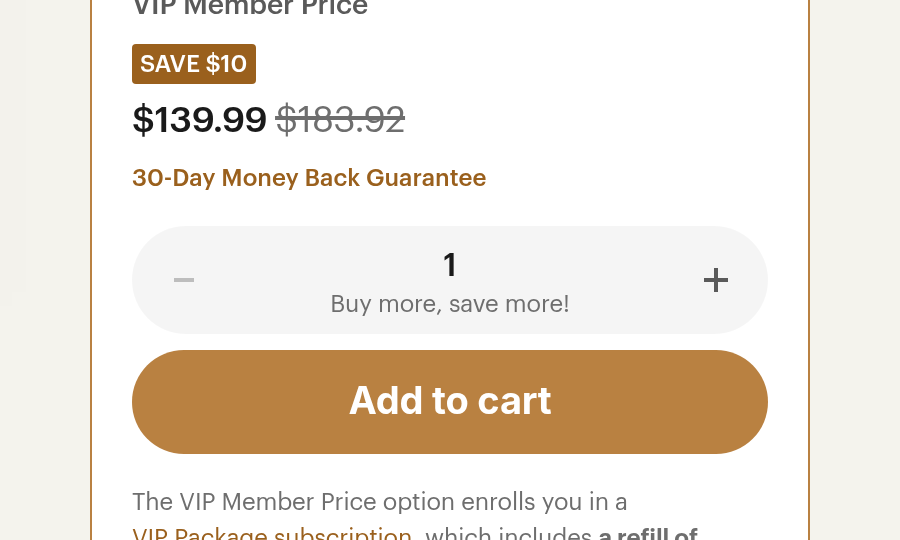 Focused crop of the exact product page disclosure below Add to cart saying the VIP Member Price option enrolls the shopper