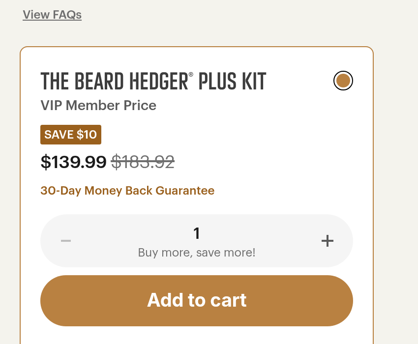 The exact Beard Hedger Plus Kit destination with VIP Member Price selected at $139.99 above Add to cart