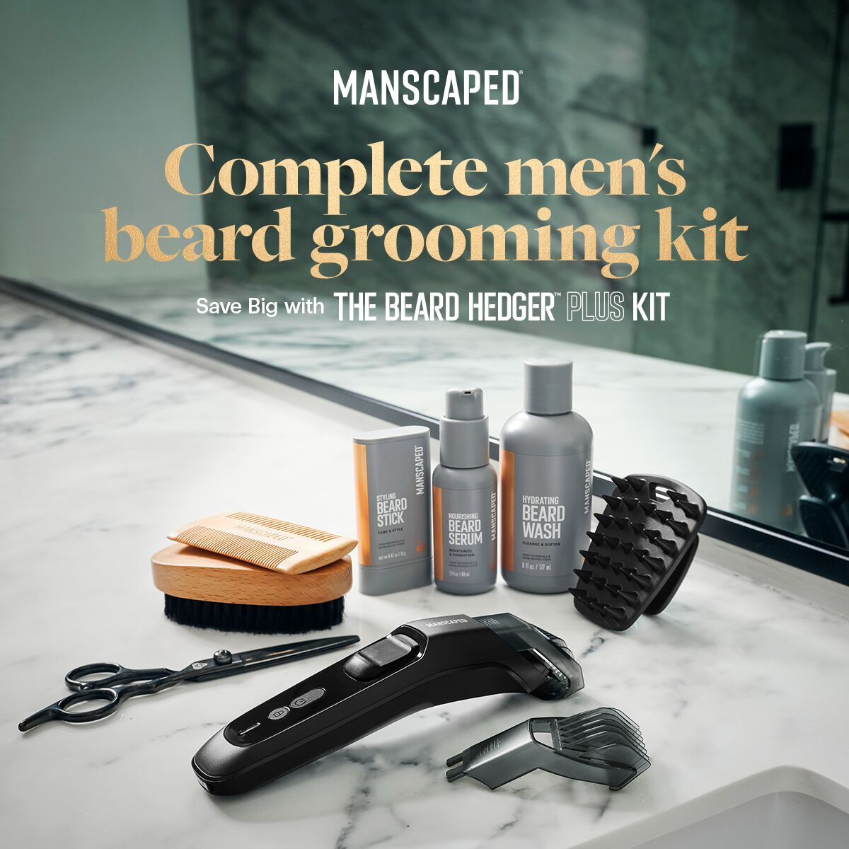 Exact current ad creative for MANSCAPED's Beard Hedger Plus Kit saying Complete men's beard grooming kit and Save Big